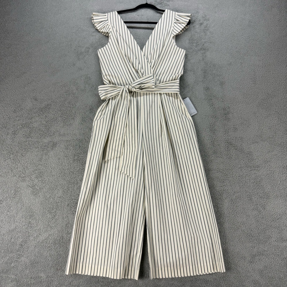 NWT 1901 White and Blue Pinstripe Tie Waist Jumpsuit